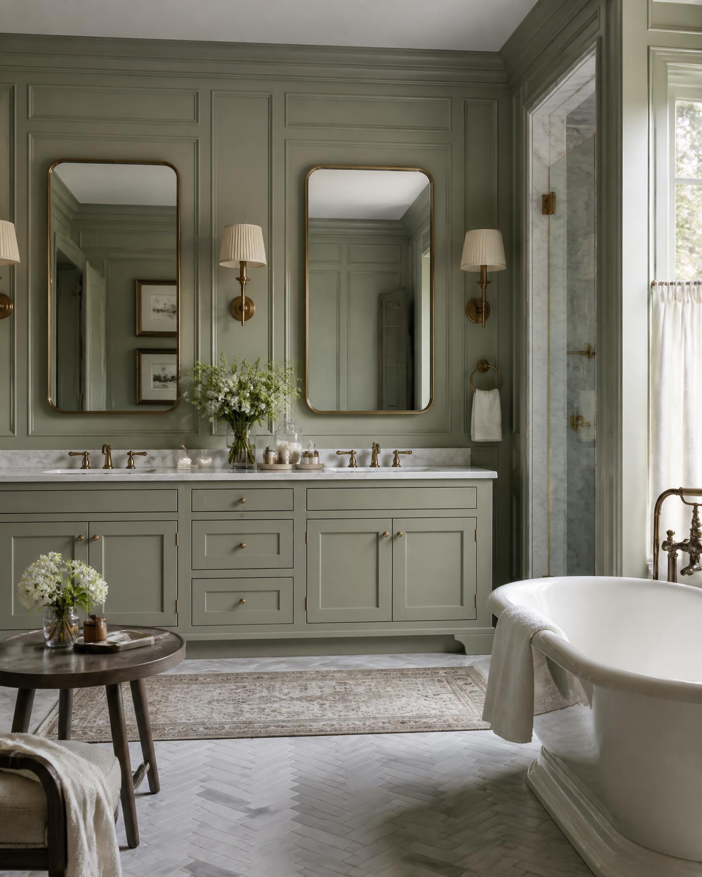 Fitted bathroom vanity cabinetry in soft grey-green with marble top