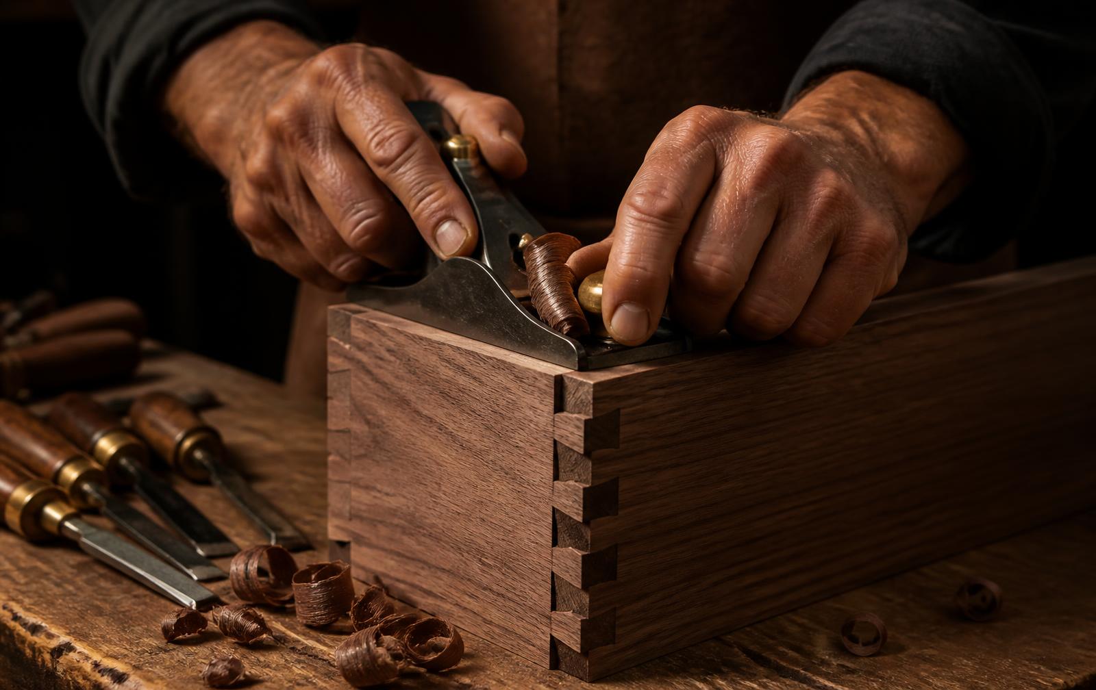 Craftsman hand-planing a dovetailed walnut drawer box