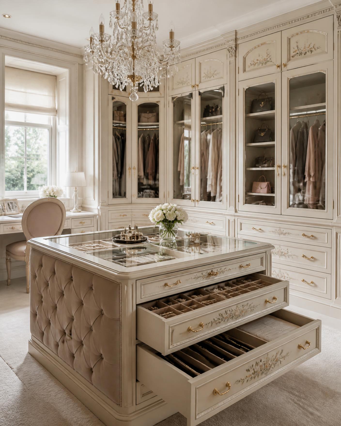 Ivory hand-painted dressing room with glazed wardrobes