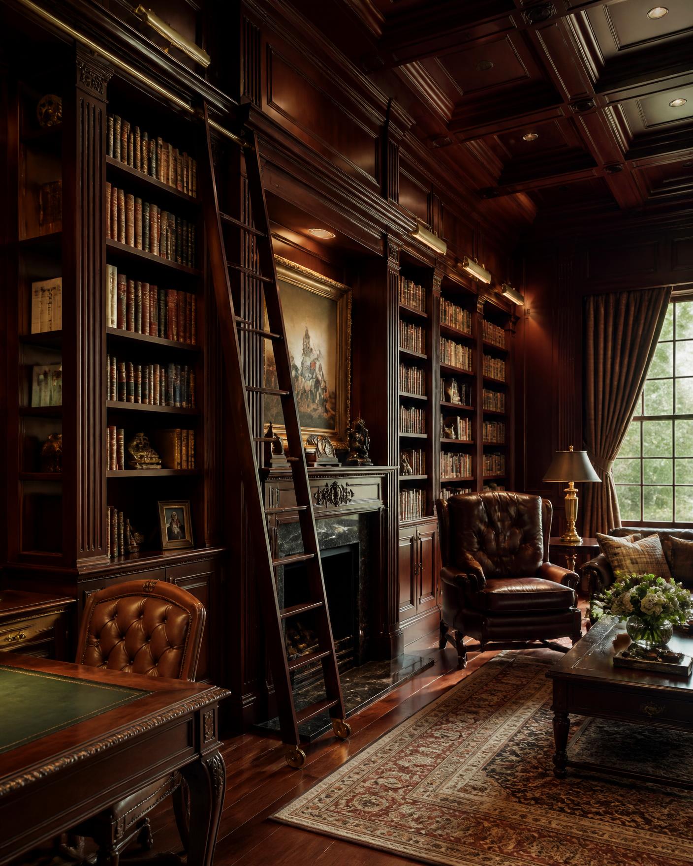 Carved mahogany fitted library with rolling ladder
