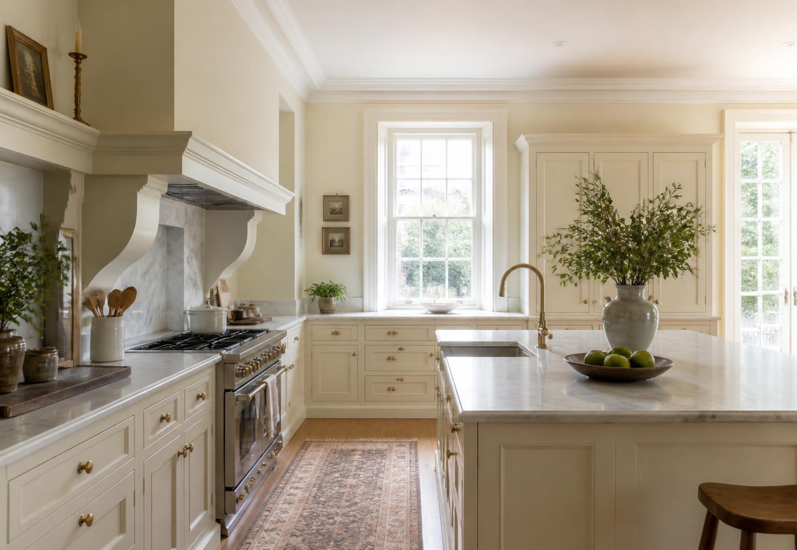 Light-filled ivory fitted kitchen with marble island