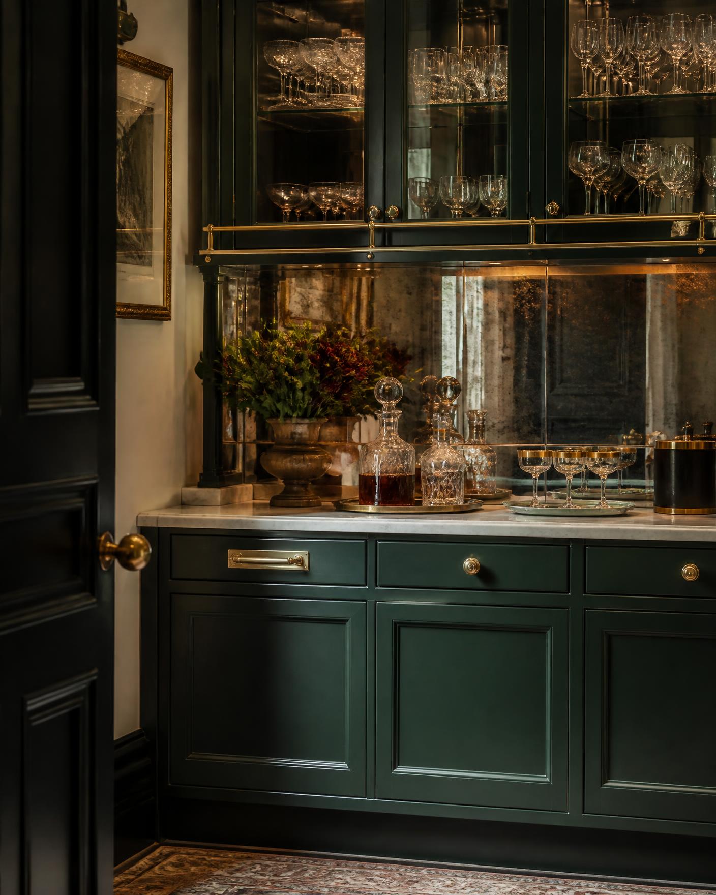 Dark green butler's pantry cabinetry with antique mirror backsplash and brass rail