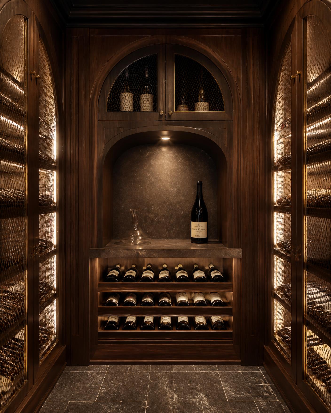 Walnut wine room cabinetry with solid brass mesh doors and integrated lighting